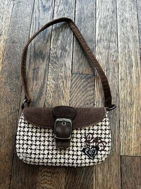 Roxy Vintage Y2K Brown Houndstooth & Corduroy Mini Shoulder Bag